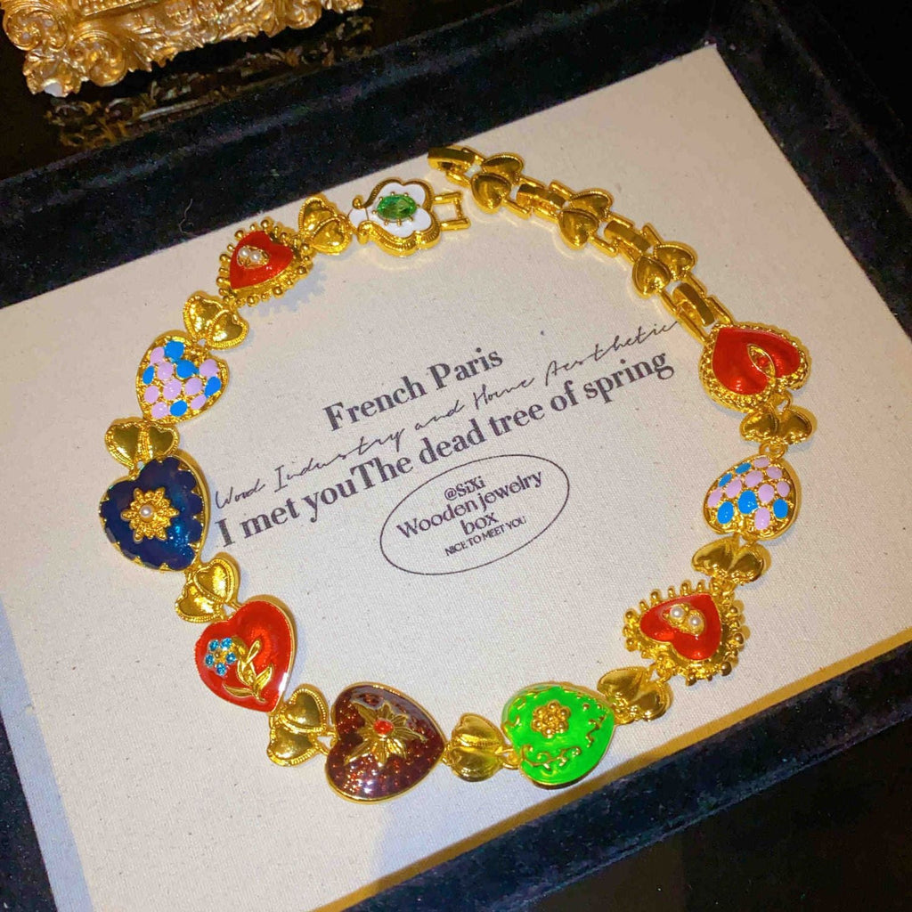 Rainbow Heart Crystal Pearl Gold Multi Necklace Earring Set Bulk