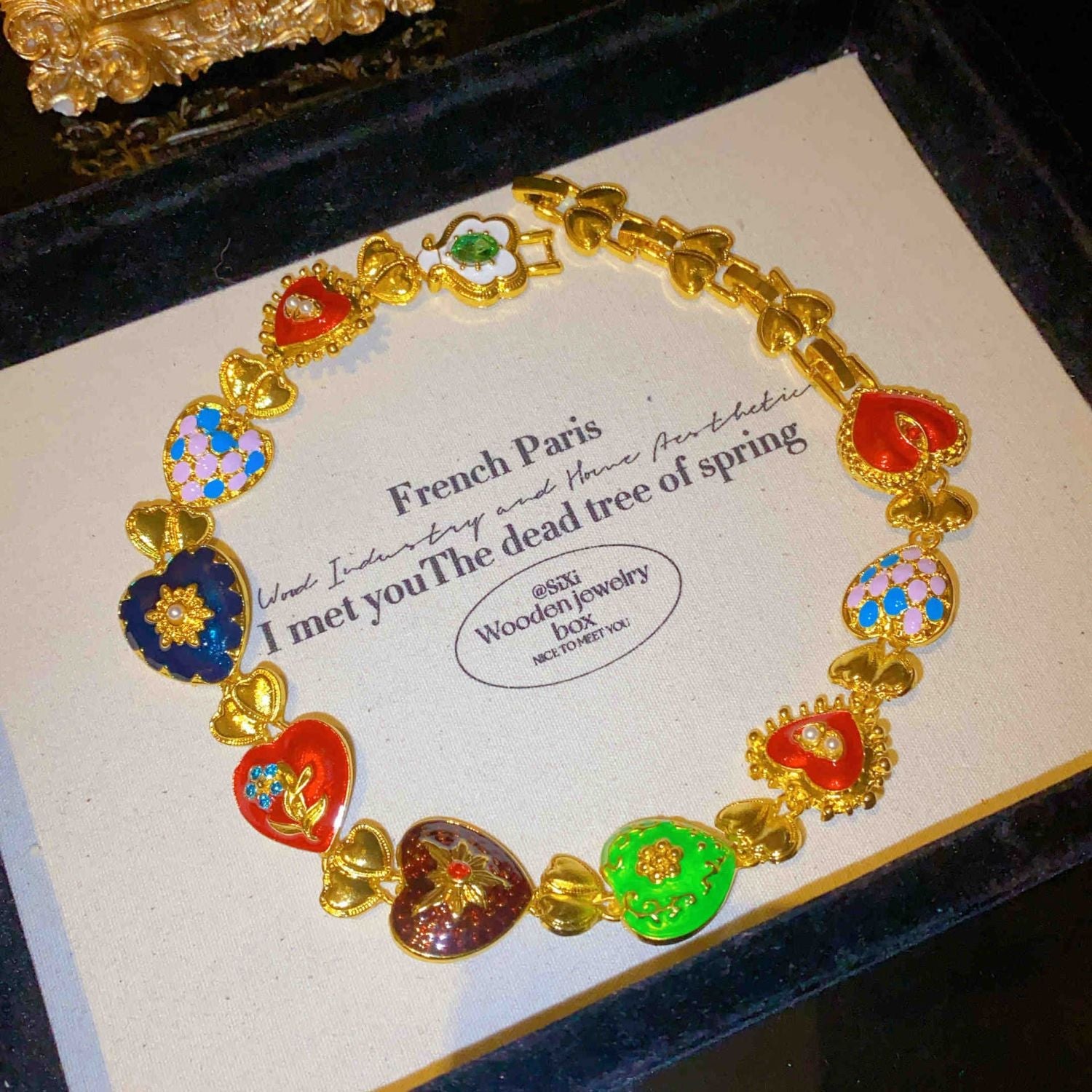 Rainbow Heart Crystal Pearl Gold Multi Necklace Earring Set Bulk