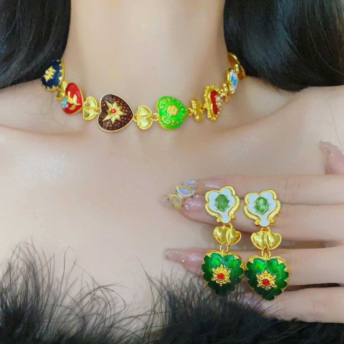 Rainbow Heart Crystal Pearl Gold Multi Necklace Earring Set Bulk Secondary image