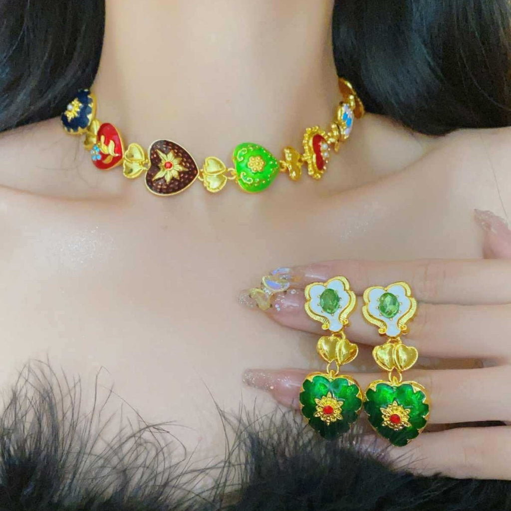 Rainbow Heart Crystal Pearl Gold Multi Necklace Earring Set Bulk