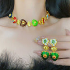 Rainbow Heart Crystal Pearl Gold Multi Necklace Earring Set Bulk