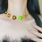 Rainbow Heart Crystal Pearl Gold Multi Necklace Earring Set Bulk