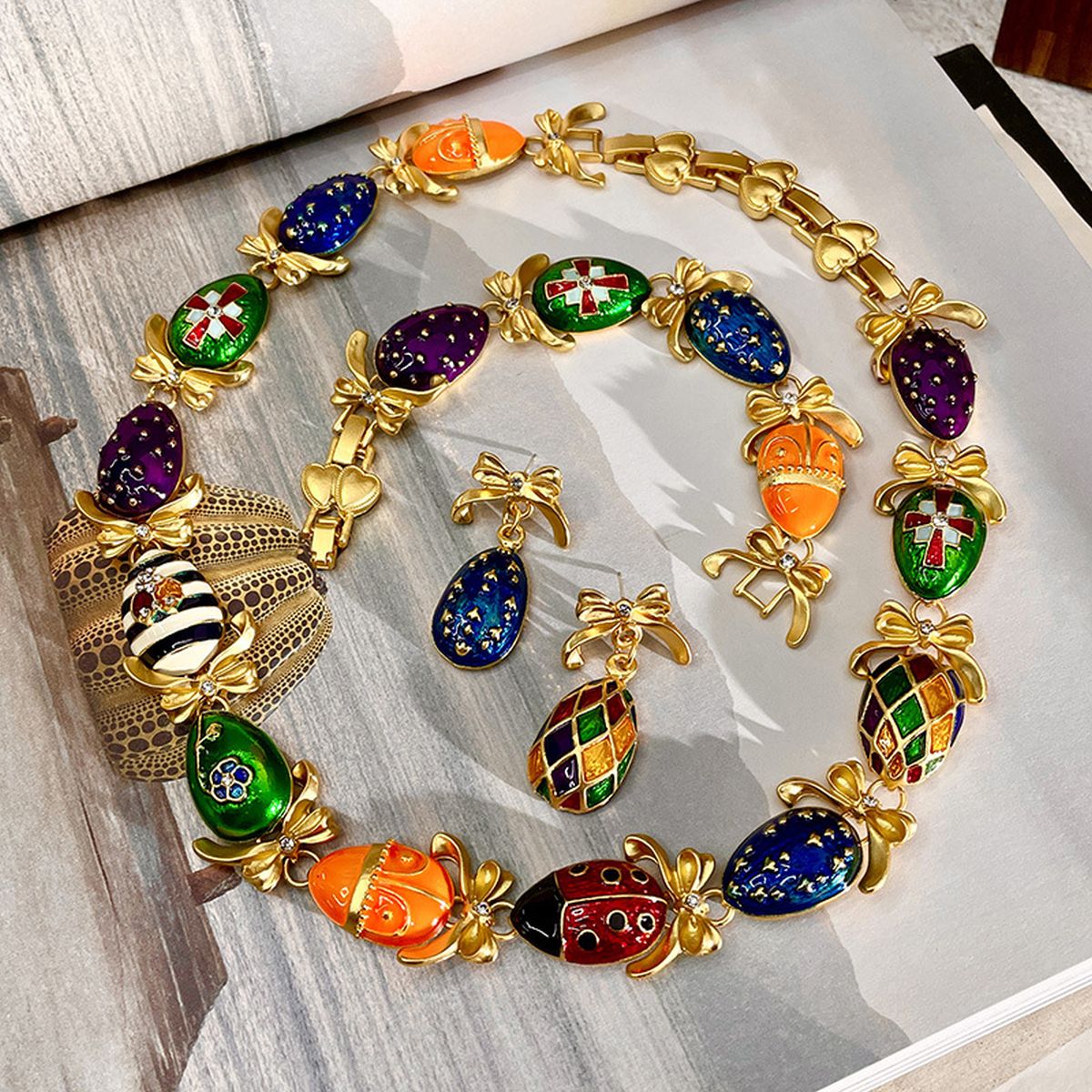 Antique CZ Enamel 18K Gold Multi Necklace Bracelet Earring Set Bulk