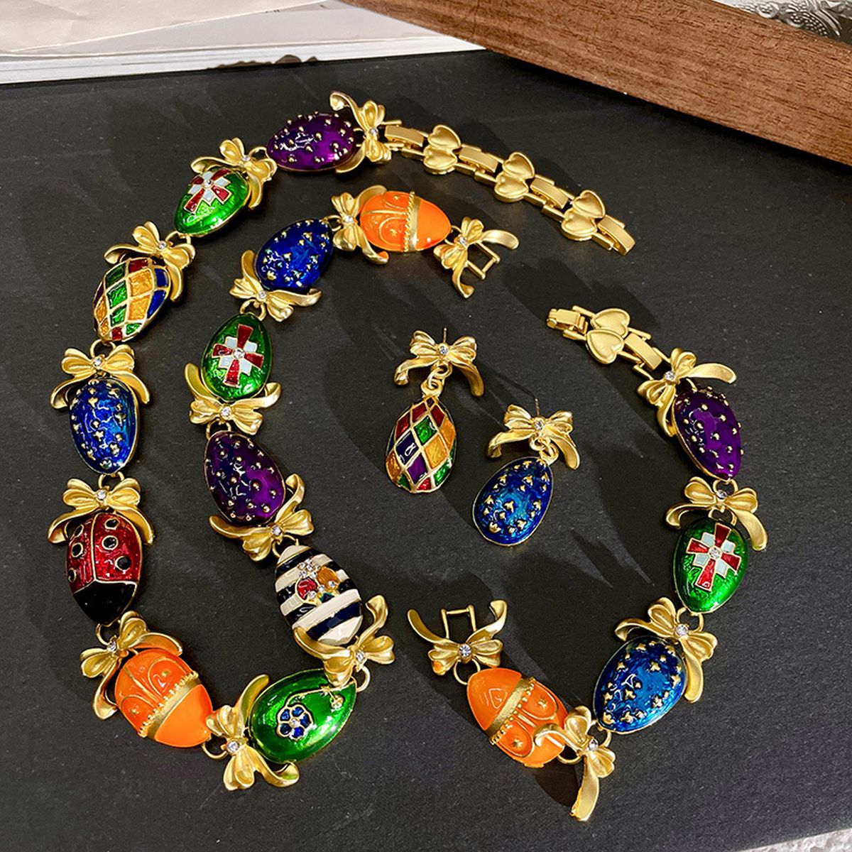 Antique CZ Enamel 18K Gold Multi Necklace Bracelet Earring Set Bulk