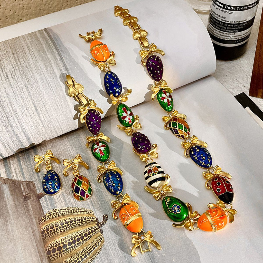 Antique CZ Enamel 18K Gold Multi Necklace Bracelet Earring Set Bulk