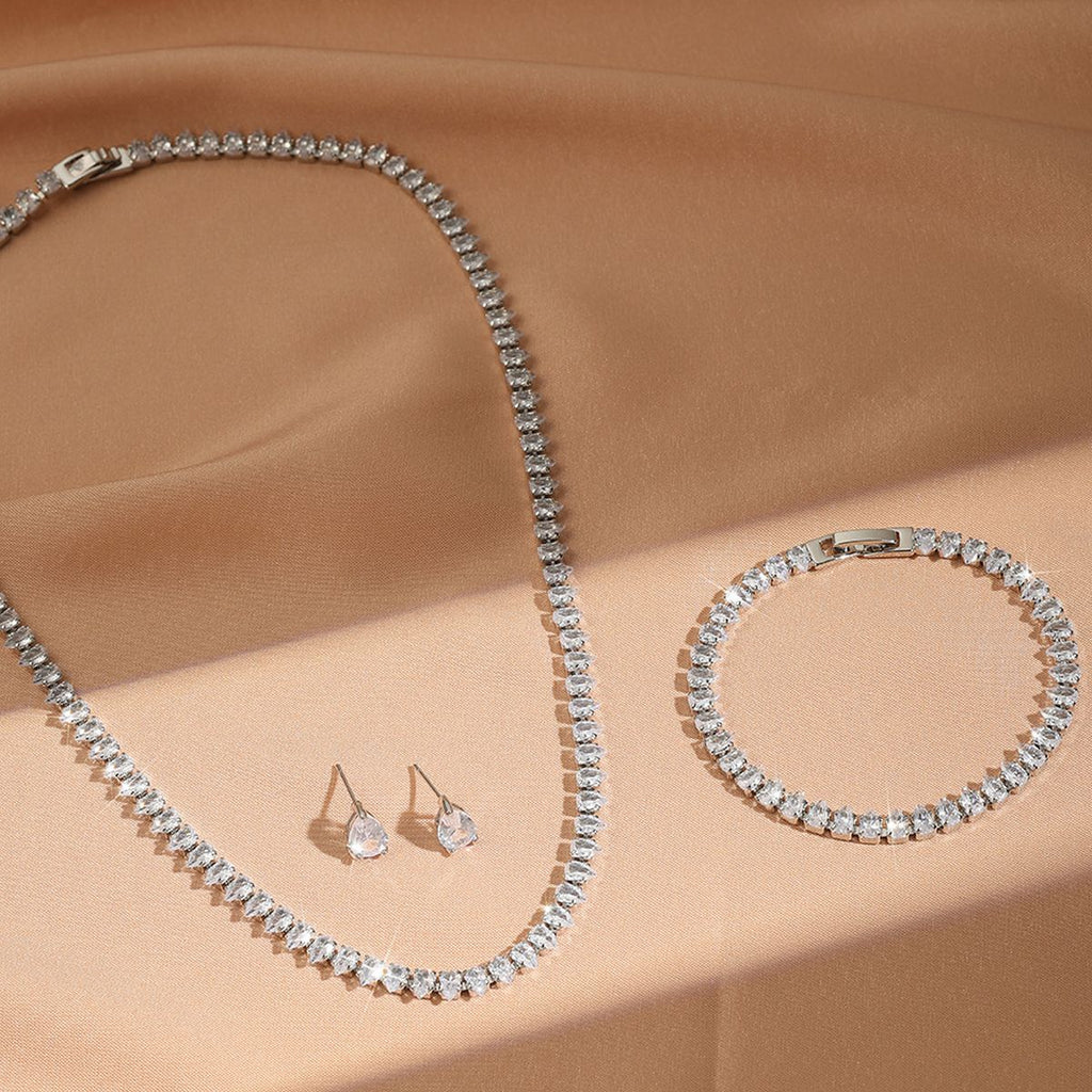 Drop Solitaire Cubic Zirconia Silver Anti Tarnish Tennis Necklace Bracelet Earring Set For Women