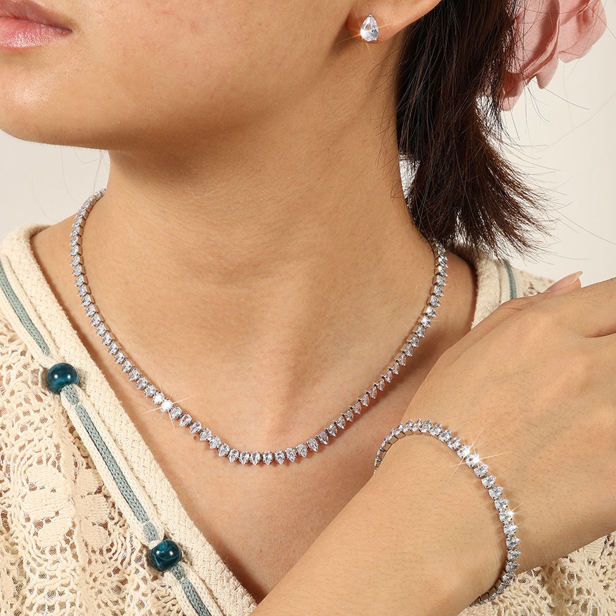 Drop Solitaire Cubic Zirconia Silver Anti Tarnish Tennis Necklace Bracelet Earring Set For Women
