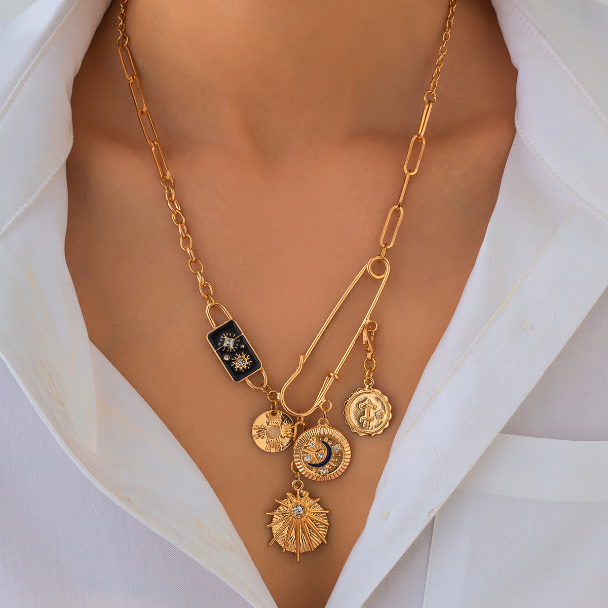 Sun Moon Gold Black CZ Enamel Anti Tarnish Link Chain Necklace Bulk Secondary image