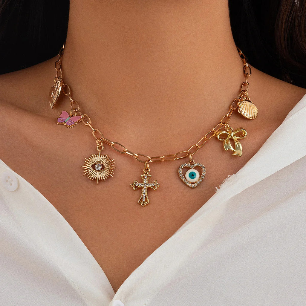 Cross Rosary evil Eye Heart 18K Gold Anti Tarnish Charm Necklace Chain For Women