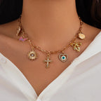 Cross Rosary evil Eye Heart 18K Gold Anti Tarnish Charm Necklace Chain For Women