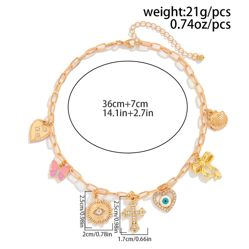 Cross Rosary evil Eye Heart 18K Gold Anti Tarnish Charm Necklace Chain For Women