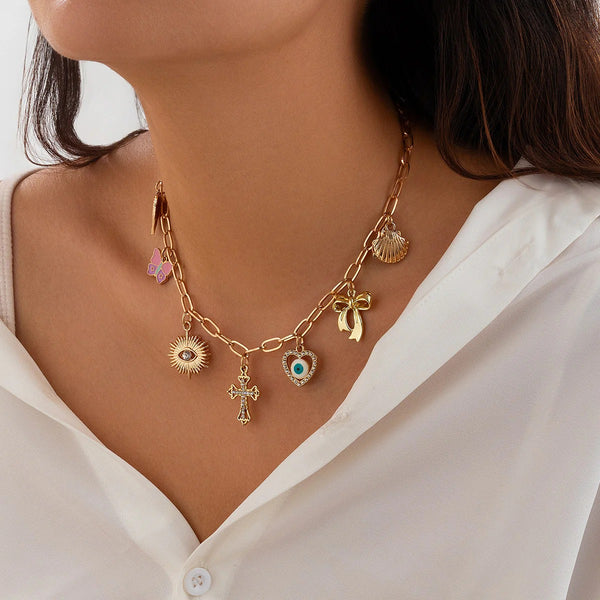 Cross Rosary evil Eye Heart 18K Gold Anti Tarnish Charm Necklace Chain For Women Secondary image