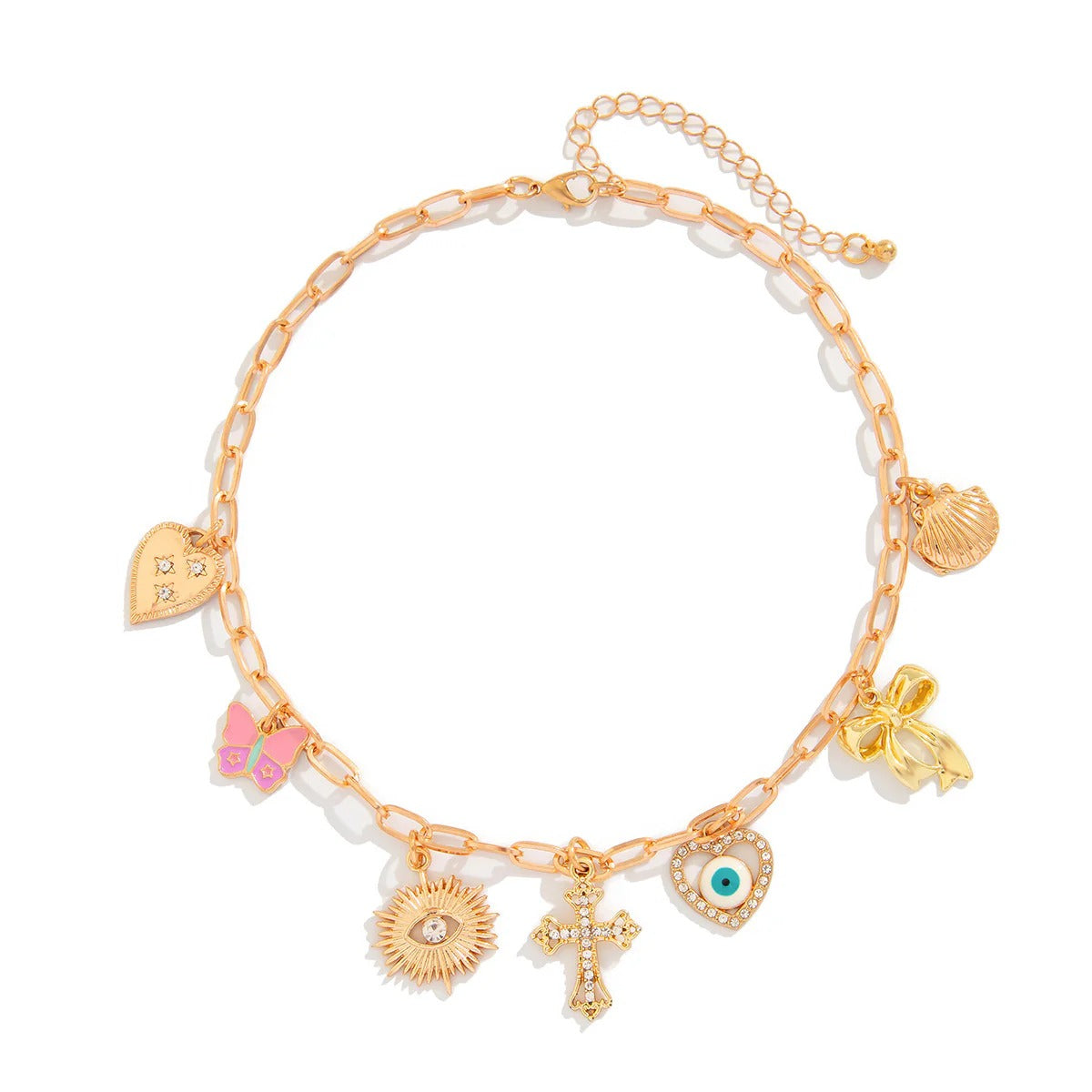 Cross Rosary evil Eye Heart 18K Gold Anti Tarnish Charm Necklace Chain For Women