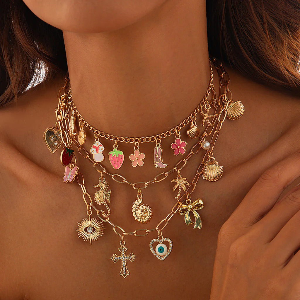 Cross Rosary evil Eye Heart 18K Gold Anti Tarnish Charm Necklace Chain For Women