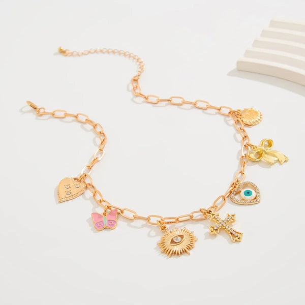 Cross Rosary evil Eye Heart 18K Gold Anti Tarnish Charm Necklace Chain For Women Main image