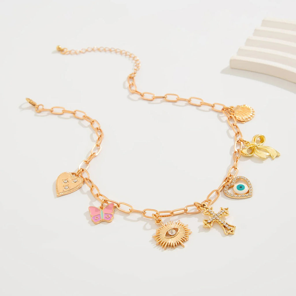 Cross Rosary evil Eye Heart 18K Gold Anti Tarnish Charm Necklace Chain For Women