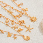 Sun Star Fish Shell Anchor Multi Layer 18K Gold Anti Tarnish Charm Necklace Chain For Women