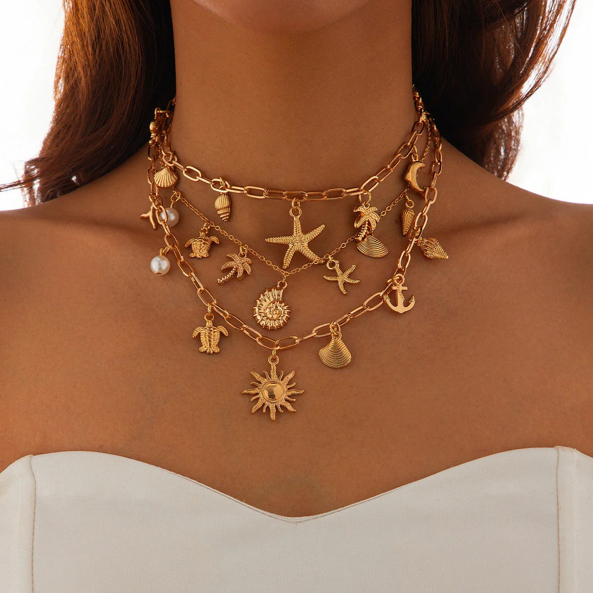 Sun Star Fish Shell Anchor Multi Layer 18K Gold Anti Tarnish Charm Necklace Chain For Women Secondary image