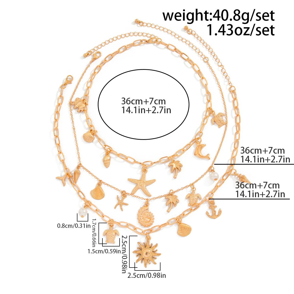 Sun Star Fish Shell Anchor Multi Layer 18K Gold Anti Tarnish Charm Necklace Chain For Women