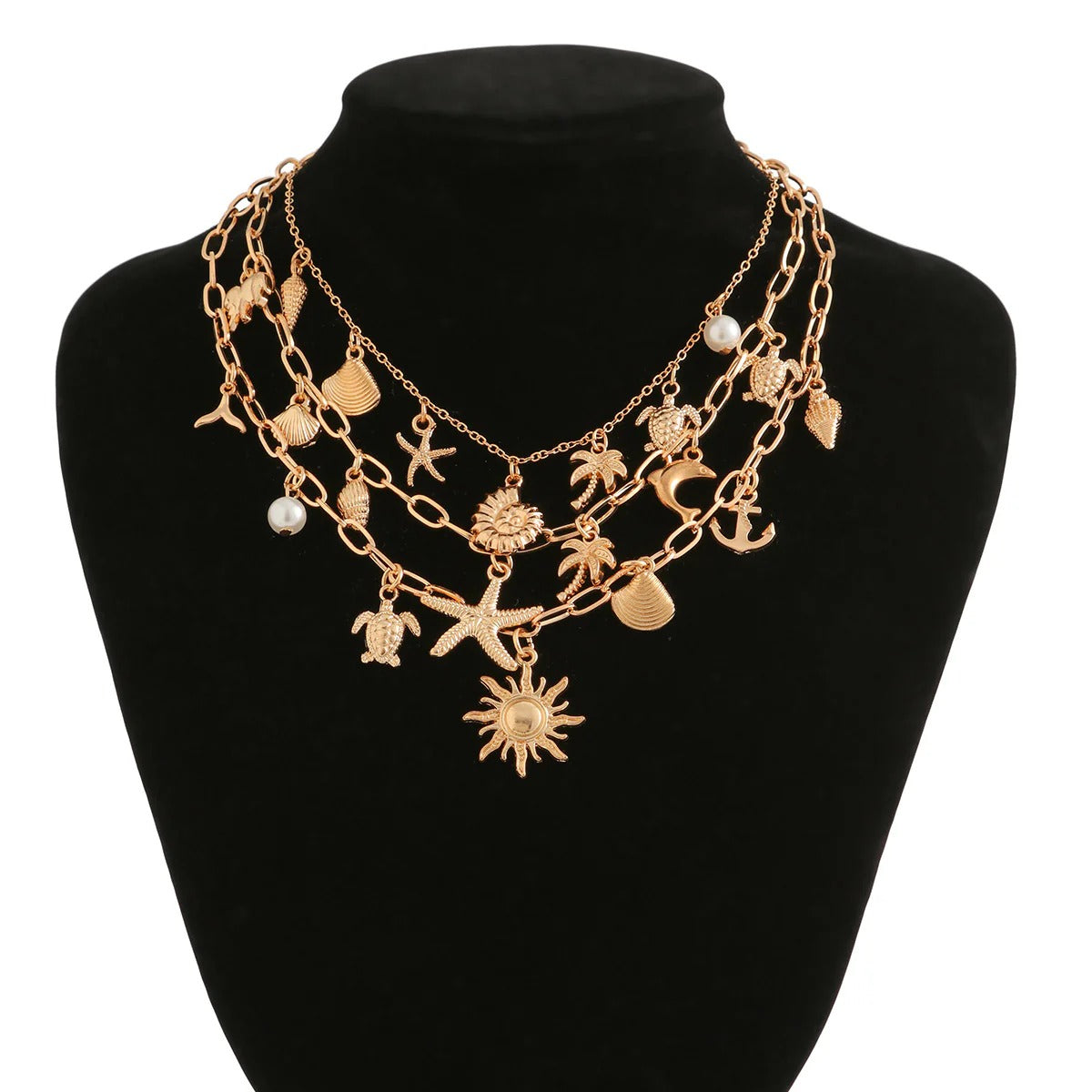 Sun Star Fish Shell Anchor Multi Layer 18K Gold Anti Tarnish Charm Necklace Chain For Women