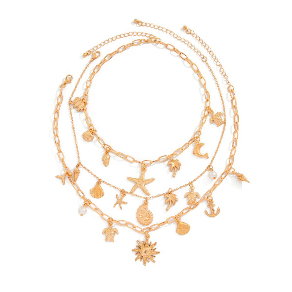 Sun Star Fish Shell Anchor Multi Layer 18K Gold Anti Tarnish Charm Necklace Chain For Women