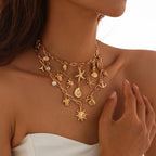 Sun Star Fish Shell Anchor Multi Layer 18K Gold Anti Tarnish Charm Necklace Chain For Women