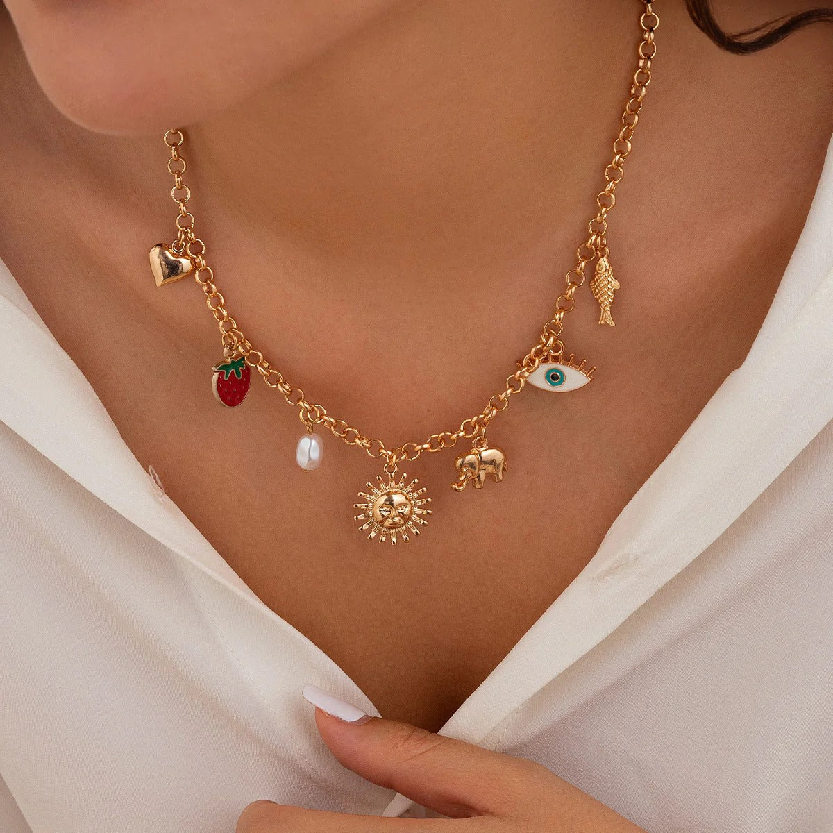Sun Heart Strawberry Evil Eye 18K Gold Anti Tarnish Charm Necklace Chain For Women