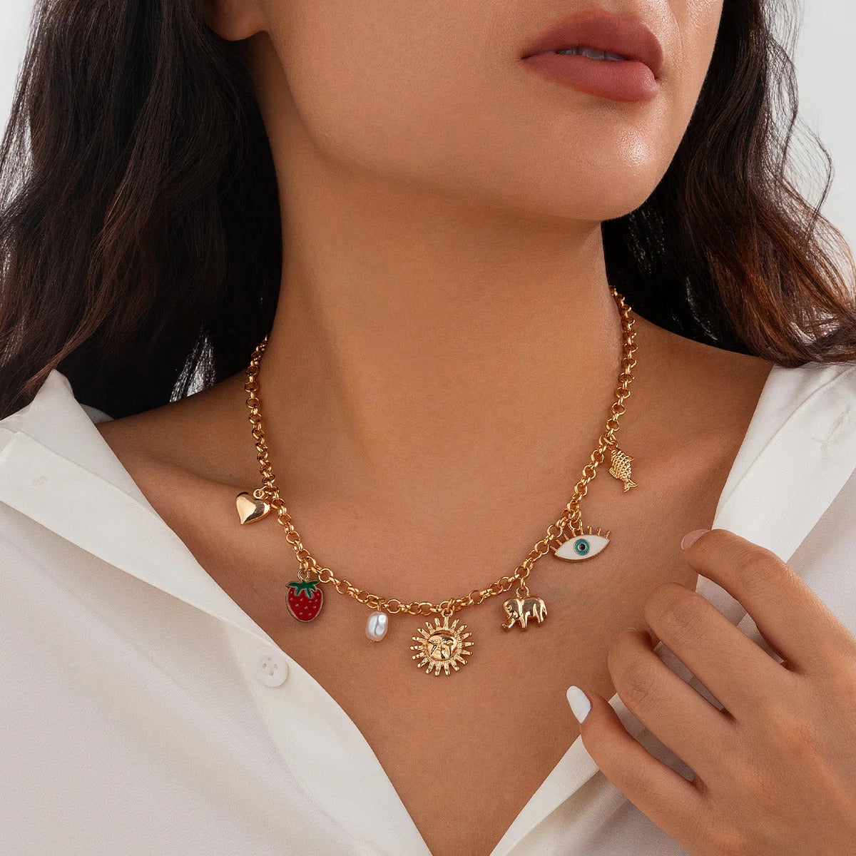 Sun Heart Strawberry Evil Eye 18K Gold Anti Tarnish Charm Necklace Chain For Women