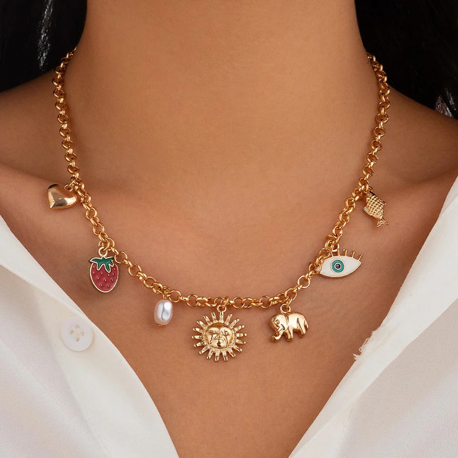 Sun Heart Strawberry Evil Eye 18K Gold Anti Tarnish Charm Necklace Chain For Women