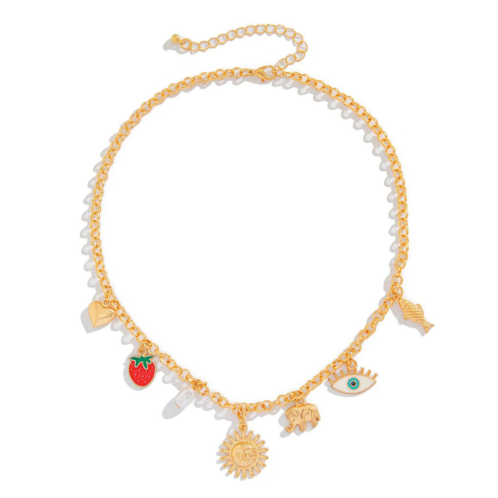 Sun Heart Strawberry Evil Eye 18K Gold Anti Tarnish Charm Necklace Chain For Women