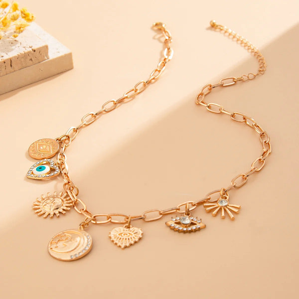 Sun Heart Evil Eye 18K Gold Charm Necklace Chain For Women Bulk Main image