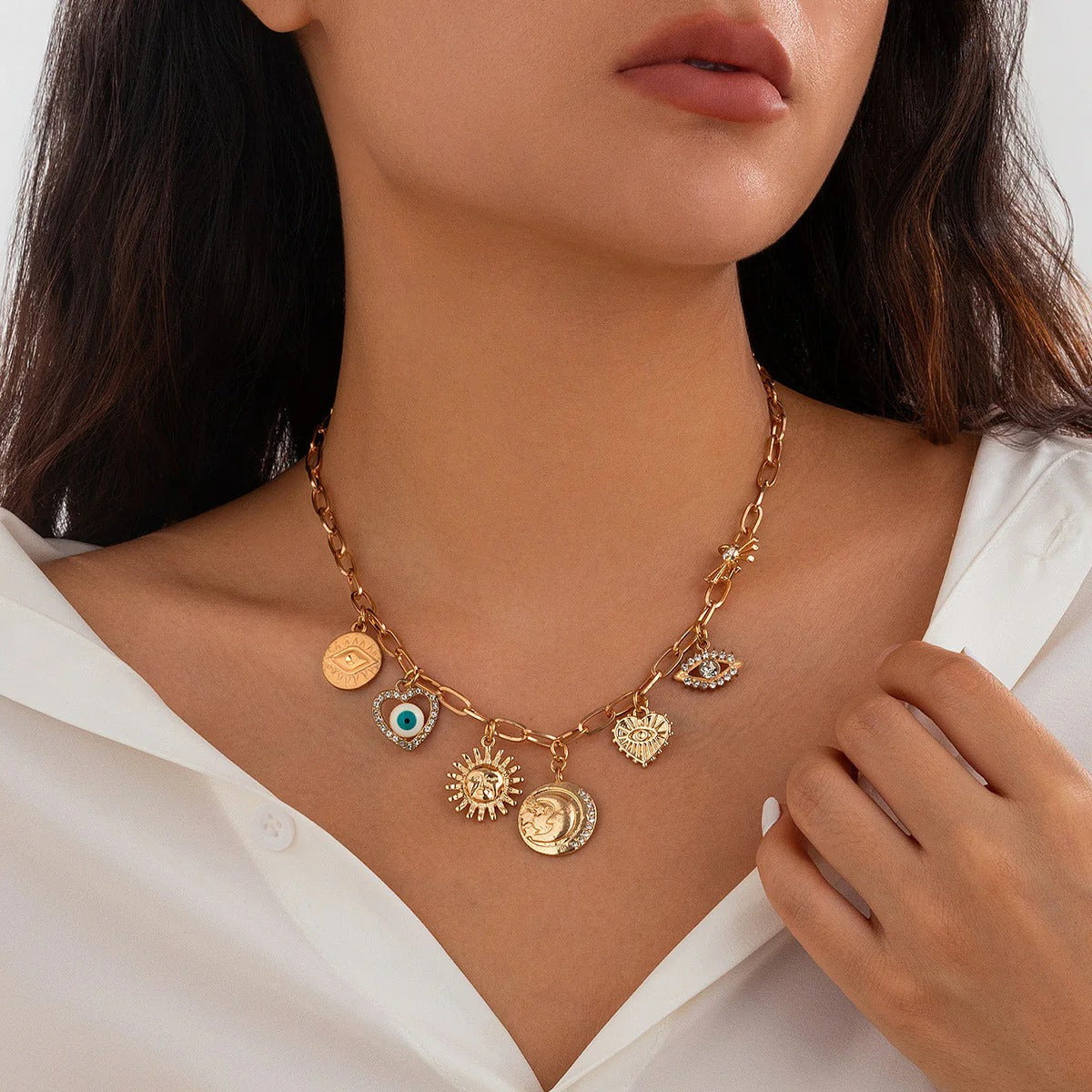 Sun Heart Evil Eye 18K Gold Charm Necklace Chain For Women Bulk