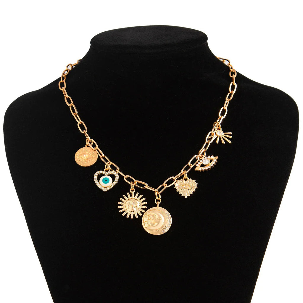 Sun Heart Evil Eye 18K Gold Charm Necklace Chain For Women Bulk