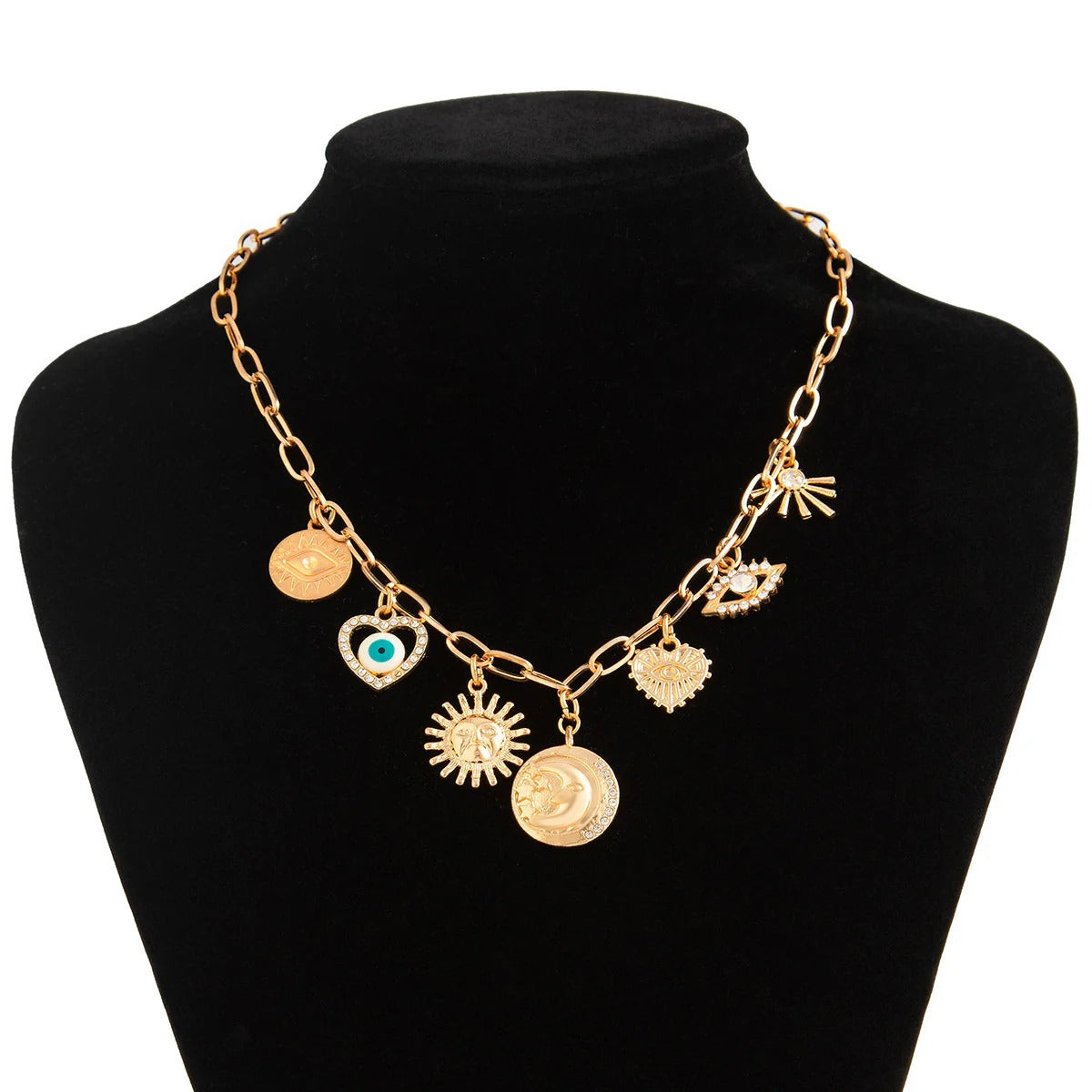 Sun Heart Evil Eye 18K Gold Charm Necklace Chain For Women Bulk