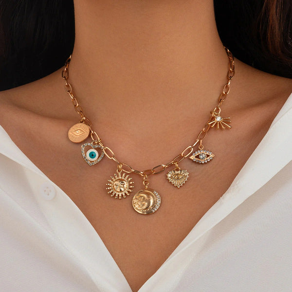 Sun Heart Evil Eye 18K Gold Charm Necklace Chain For Women Bulk Secondary image