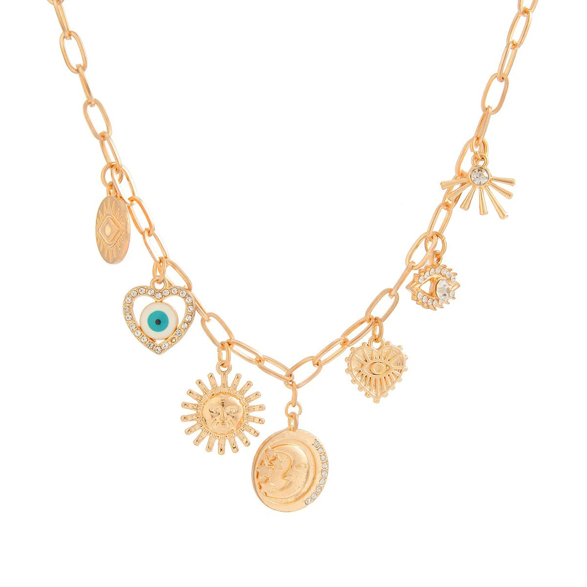 Sun Heart Evil Eye 18K Gold Charm Necklace Chain For Women Bulk