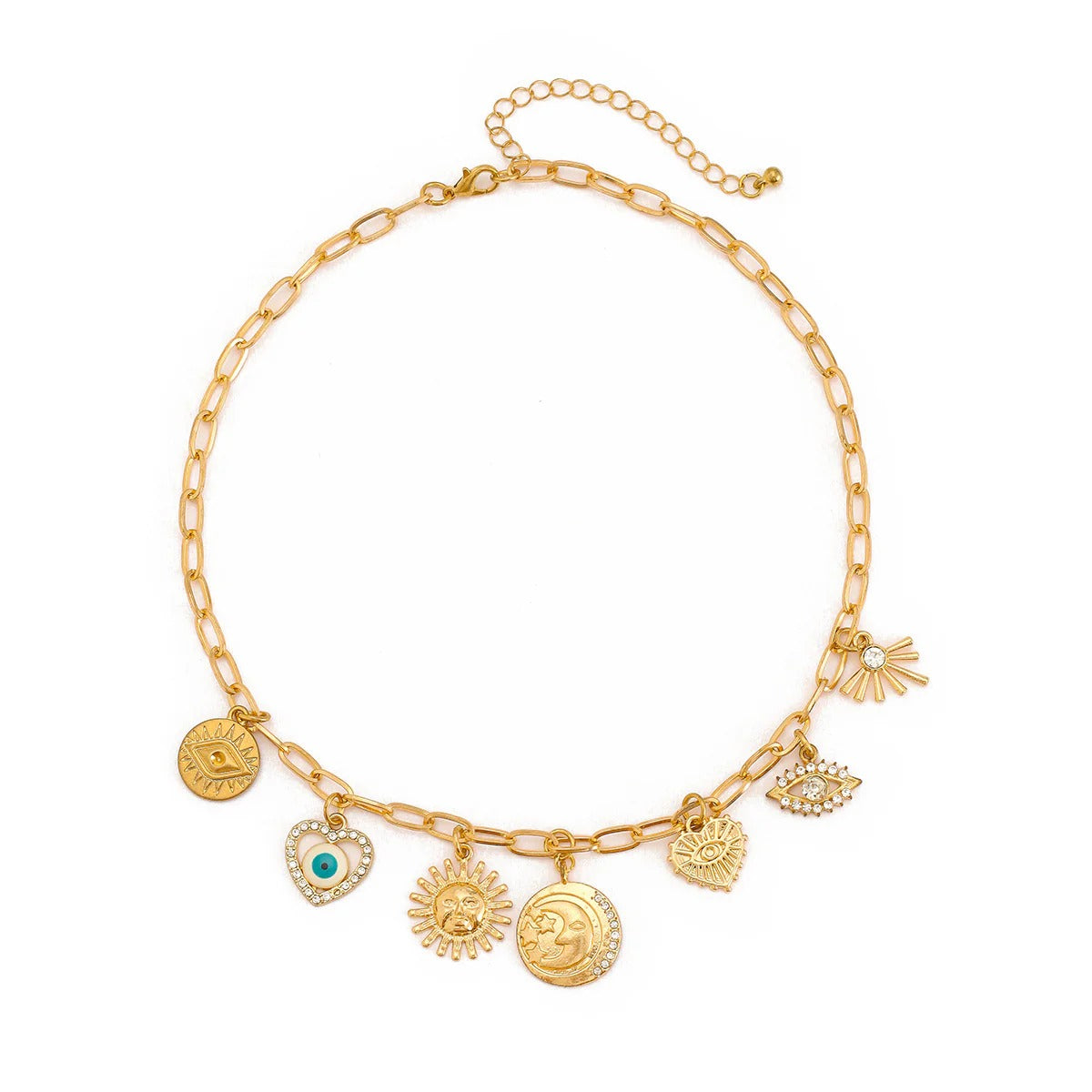 Sun Heart Evil Eye 18K Gold Charm Necklace Chain For Women Bulk