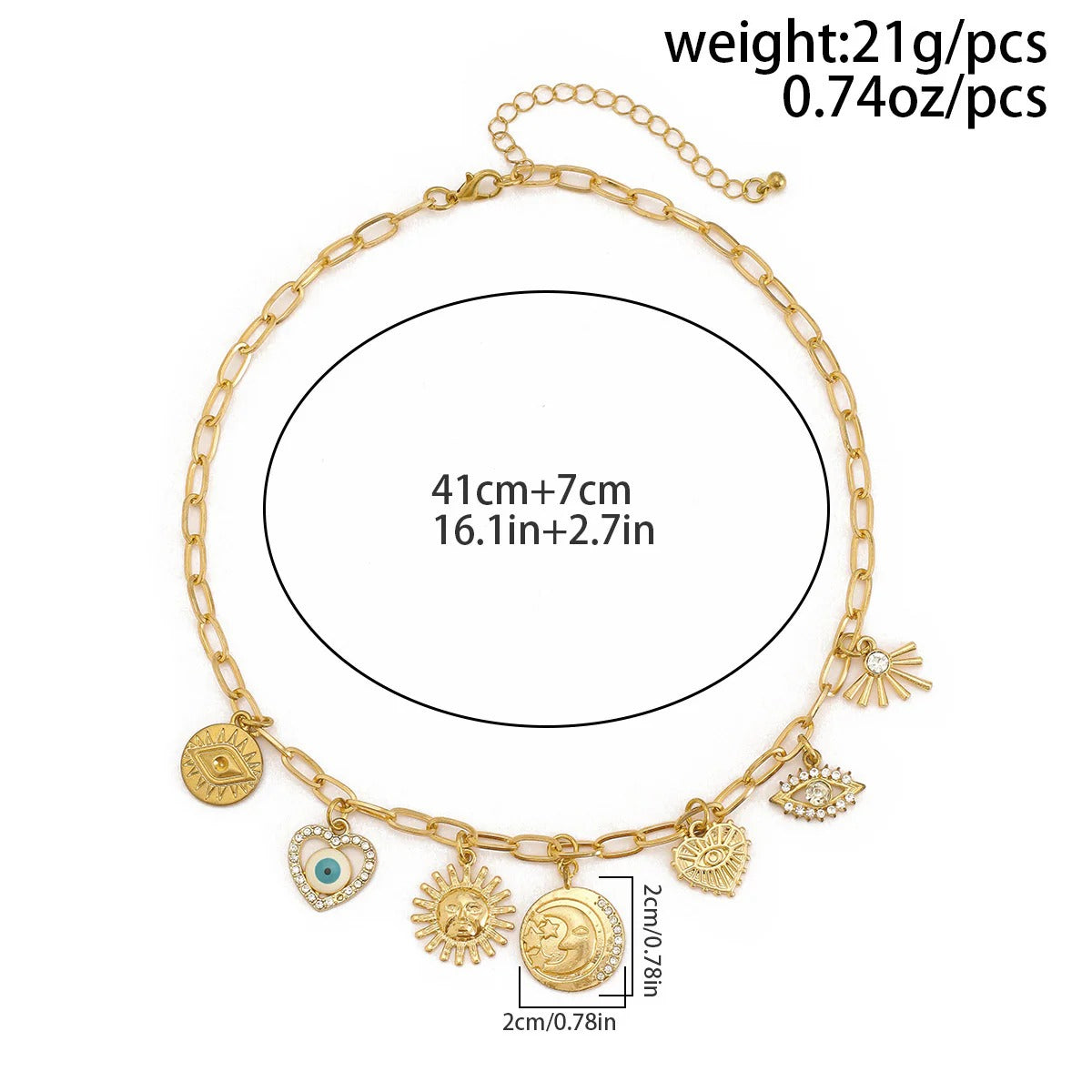 Sun Heart Evil Eye 18K Gold Charm Necklace Chain For Women Bulk