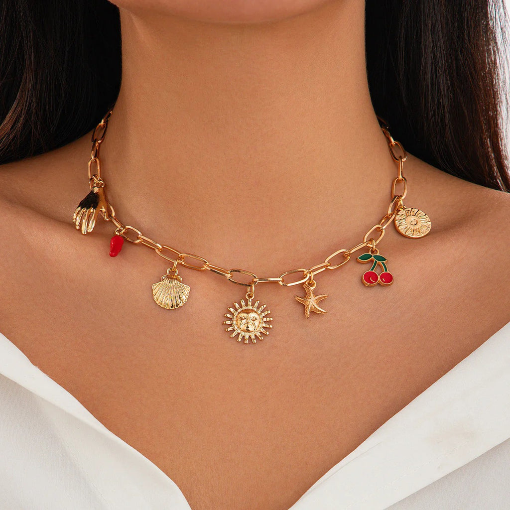 Sun Star Fish Hand Chilli Gold Anti Tarnish Charm Necklace Chain Bulk