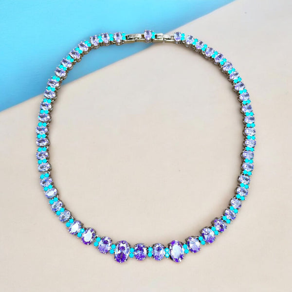 Oval Solitaire Silver Blue Cubic Zirconia Gemstone Anti Tarnish Chain Necklace For Women Main image