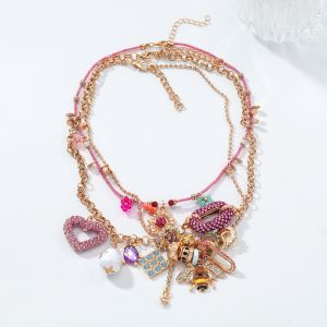 Luxury Multi Color Charm Gold Plated CZ Enamel Layered Necklace Bulk