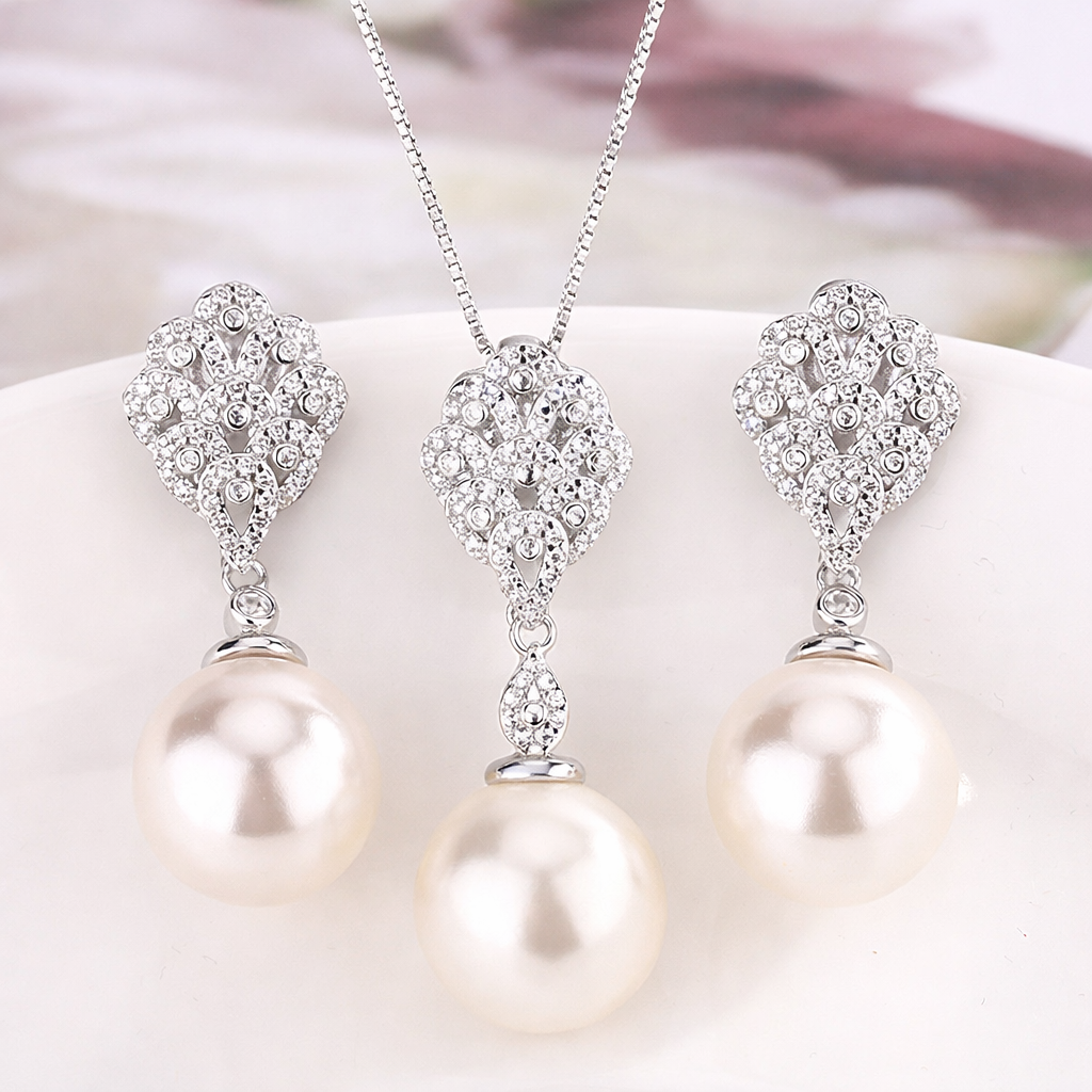 White Gray Elegant Leaf Silver CZ Pearl Copper Necklace Earring Set Bulk
