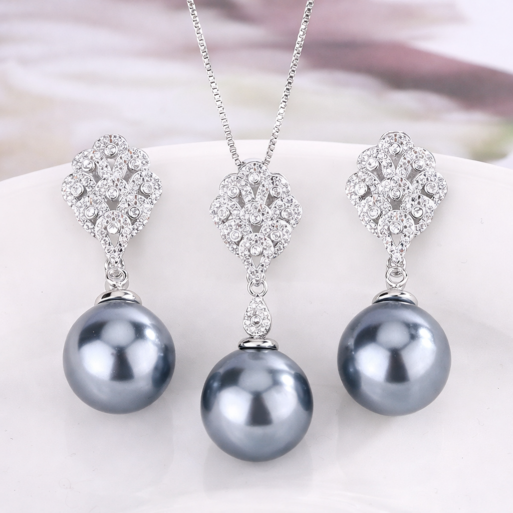 White Gray Elegant Leaf Silver CZ Pearl Copper Necklace Earring Set Bulk