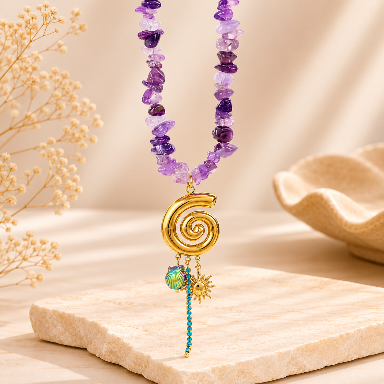 Natural Gemstone Chip Gold Plated Beads Stainless Steel Necklace Bulk