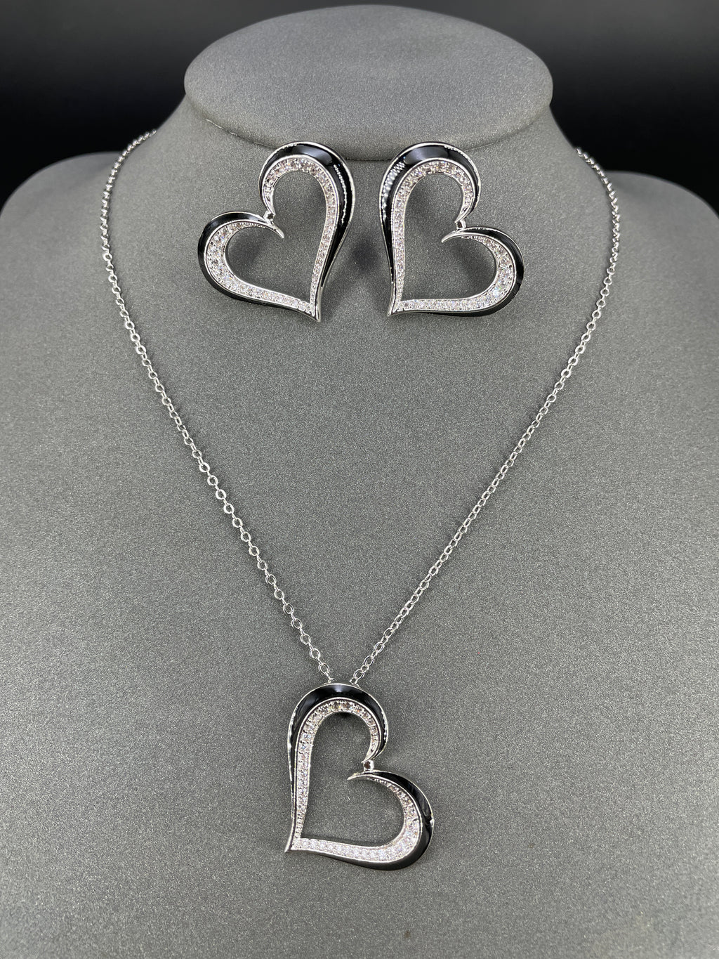 Black Red Heart Silver Cubic Zirconia Copper Drop Earring Necklace Set Bulk