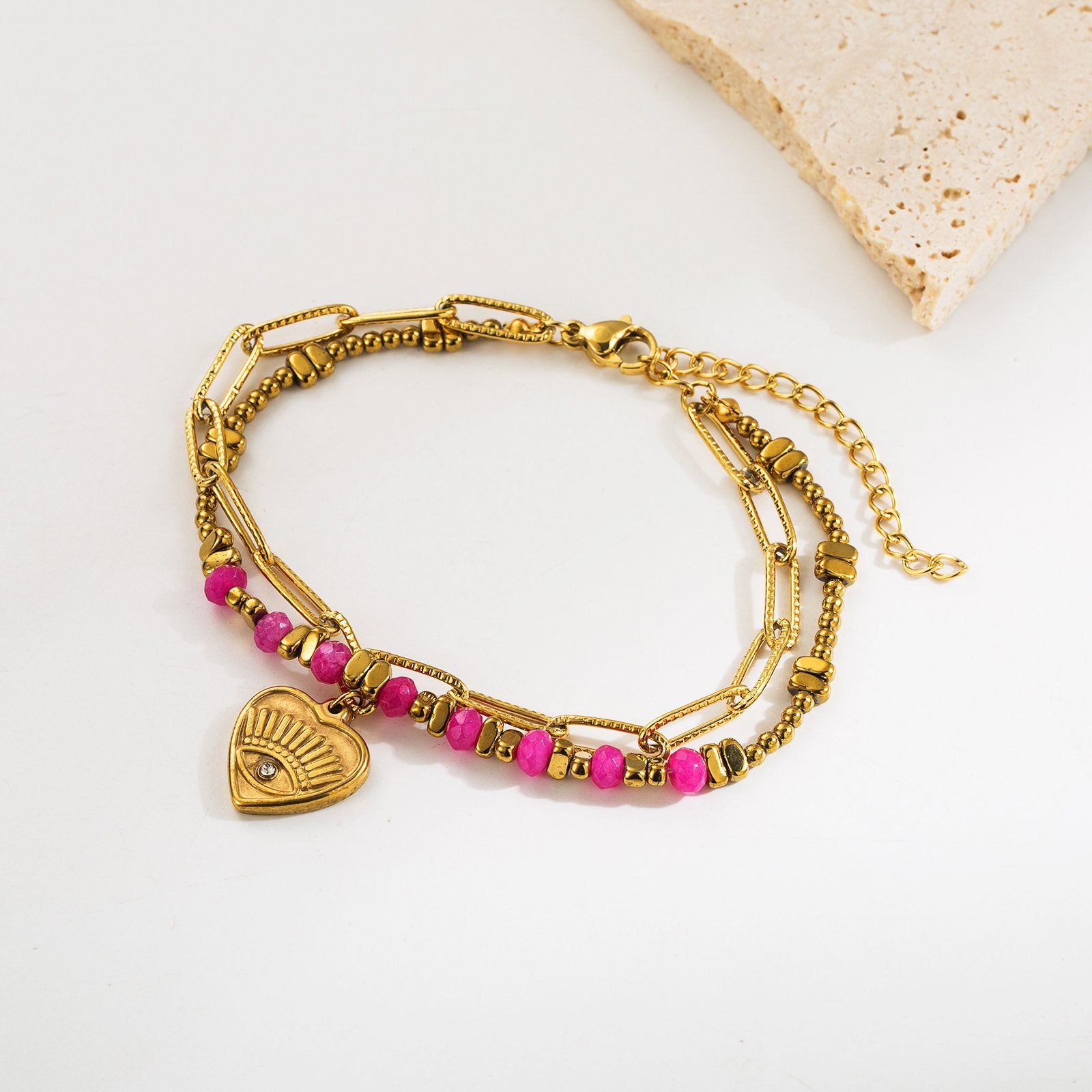Heart 18K Gold Pink Beads Dual Layer Stainless Steel Anti Tarnish Link Chain Bracelet For Women Main image
