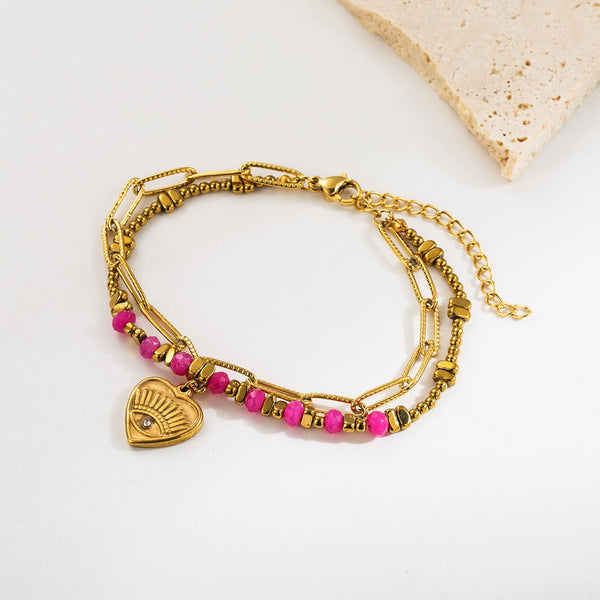 Heart 18K Gold Pink Beads Dual Layer Stainless Steel Anti Tarnish Link Chain Bracelet For Women Main image