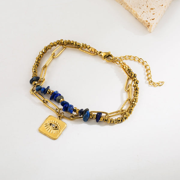 Evil Eye 18K Gold Blue Beads Dual Layer Stainless Steel Anti Tarnish Link Chain Bracelet For Women Main image