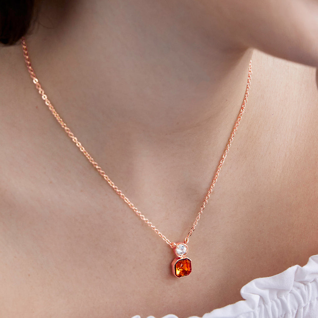 Orange Elegant Square Cut Rose Silver Gold CZ Brass Necklace Wholesale