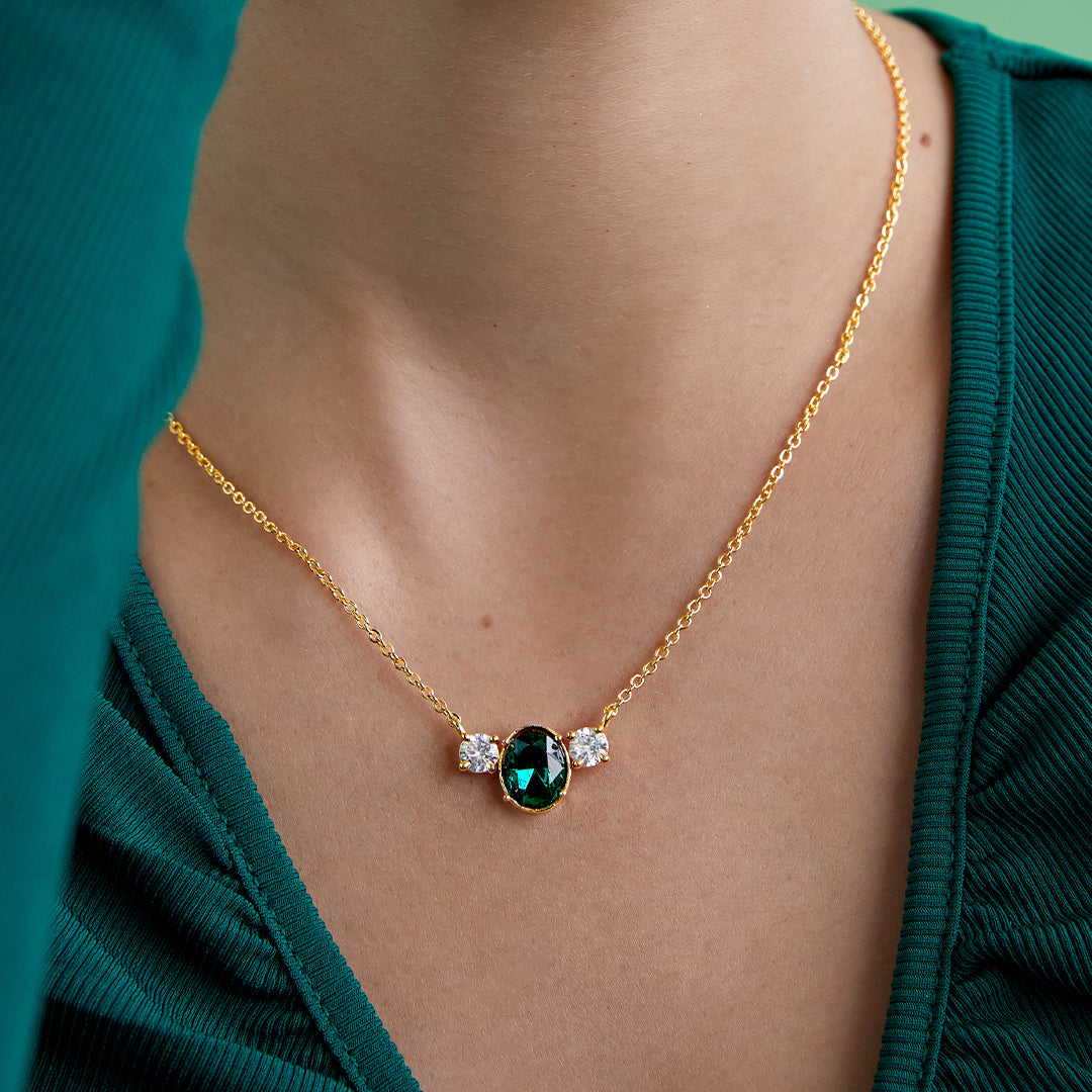 Elegant Green Oval Rose Silver Gold CZ Anti Tarnish Brass Necklace Bulk Main image